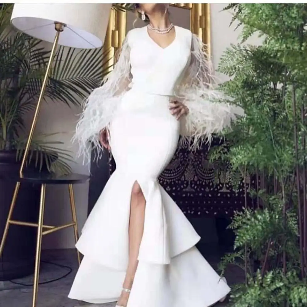 Sexy Vestidos De Formature V Neck Long Sleeve Feather Slit Tiered Mermaid Prom Dresses 2019
Sexy Vestidos De Formature V Neck Long Sleeve Feather Slit Tiered Mermaid Prom Dresses 2019
