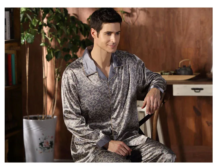 CherLemon High Quality Silk Men Pajamas Sleepwear Long-Sleeved Silk Satin Nightwear Soft Spring Autumn Pyjamas Plus Size M-4XL 30