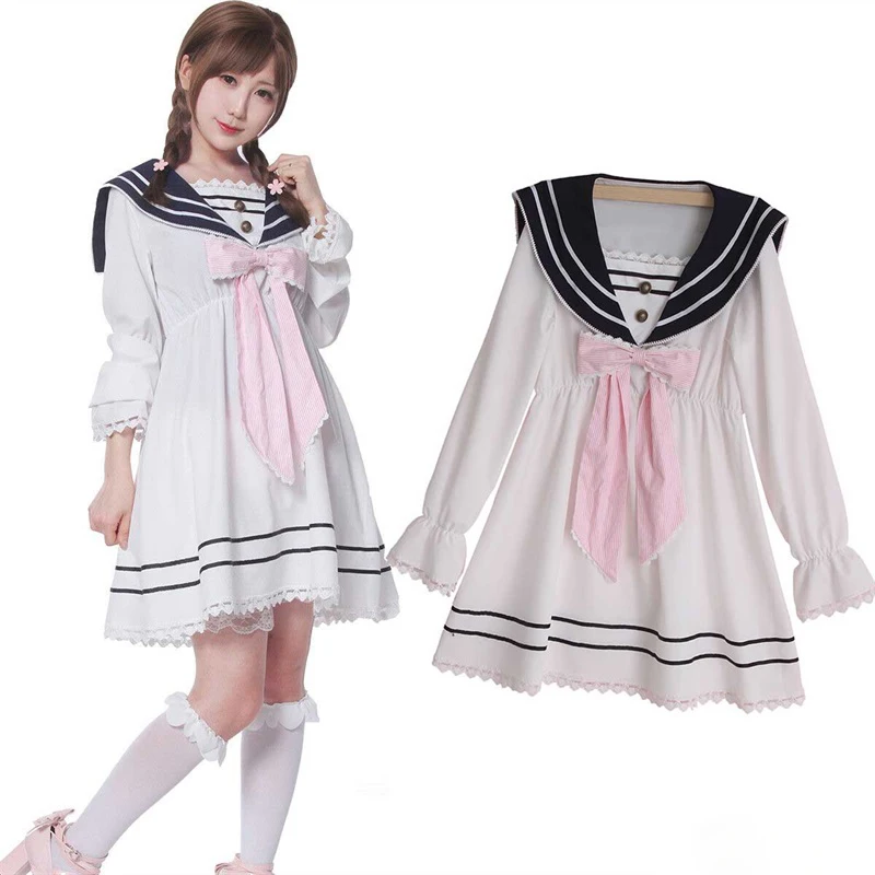 

Preppy style Japanese Women Lolita Bowknot Chiffon Long Sleeve Dress JK Uniform Sailor Dresses Girls Party Princess Lace Dress