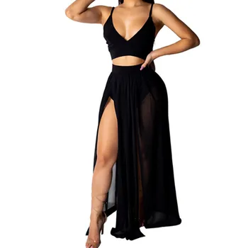 Summer Chiffon Two Piece Dress Set Women Sexy 2 Piece Set Crop Top Spaghetti Strap V Neck High Split Dress W3
Summer Chiffon Two Piece Dress Set Women Sexy 2 Piece Set Crop Top Spaghetti Strap V Neck High Split Dress W3