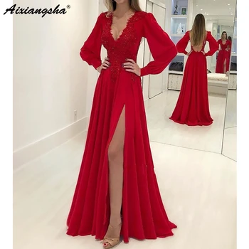 Red 2019 Prom Dresses A-Line V-Neck Lace Beaded Chiffon Slit Backless Long Sleeve Prom Gown Evening Dresses Robe De Soiree
Red 2019 Prom Dresses A-Line V-Neck Lace Beaded Chiffon Slit Backless Long Sleeve Prom Gown Evening Dresses Robe De Soiree