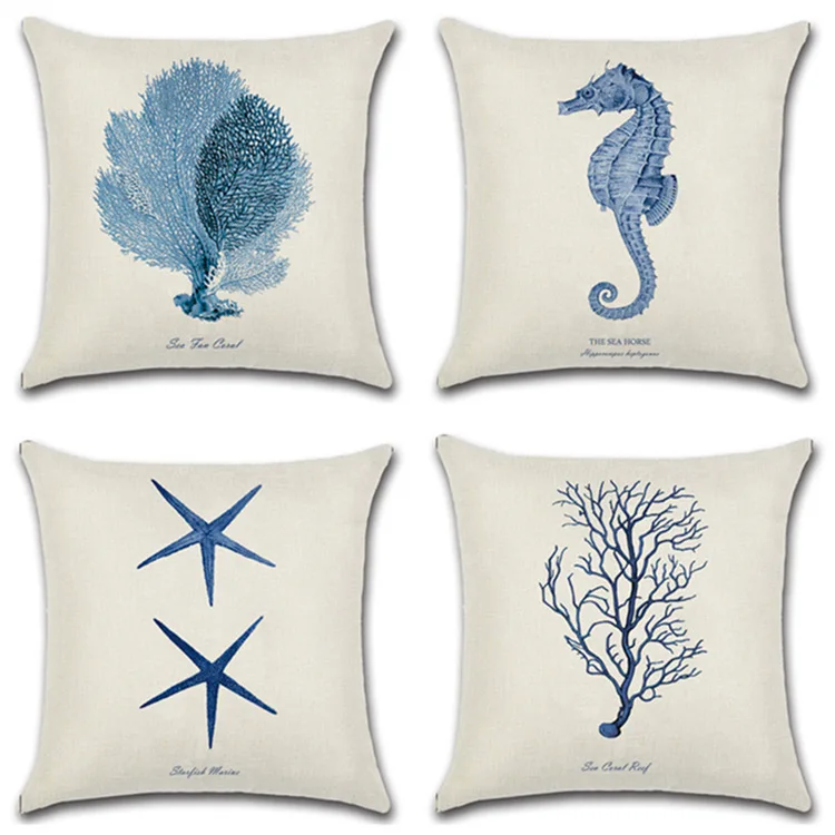 

Hand-Painted Marine Coral/Starfish Prints 45*45cm Cushion Cover Linen Throw Pillow Car Home Decoration Decorative Pillowcase
