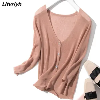 Litvriyh Summer cardigan women sweater thin V-neck knitted sweater women cardigan female knitted three quarter short shirt tops 
Litvriyh Summer cardigan women sweater thin V-neck knitted sweater women cardigan female knitted three quarter short shirt tops