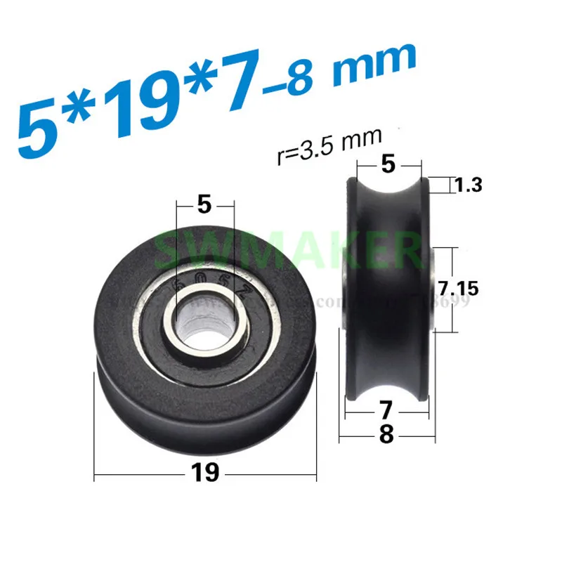 1pcs 5*19*7mm U-grooved nylon wheel with bracket, wire rope, guide wheel, suspension wheel, grooved wheel