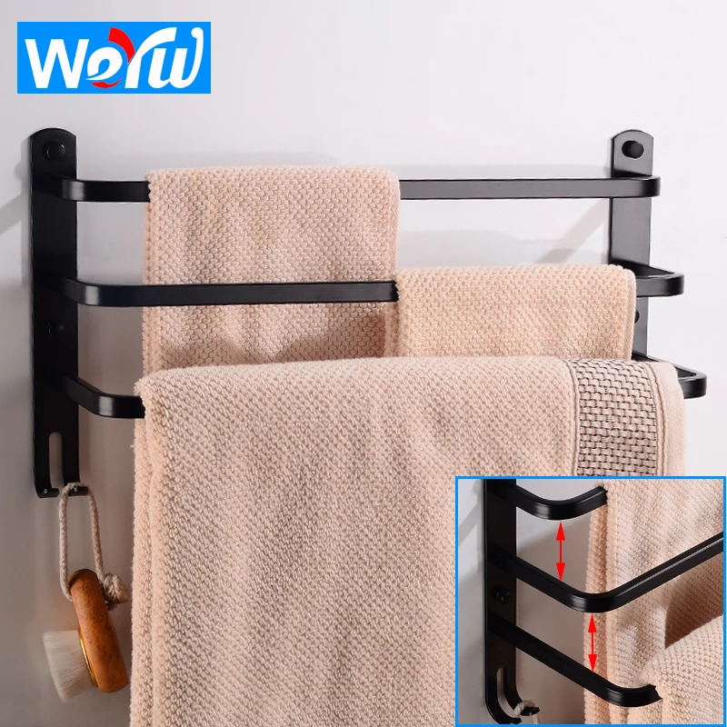 Towel Bar Holder Black Towel Hanger Rack with Hooks Aluminum Three Layer Towel Rack Wall mounted Bathroom Shelf Corner Shower
Towel Bar Holder Black Towel Hanger Rack with Hooks Aluminum Three Layer Towel Rack Wall mounted Bathroom Shelf Corner Shower