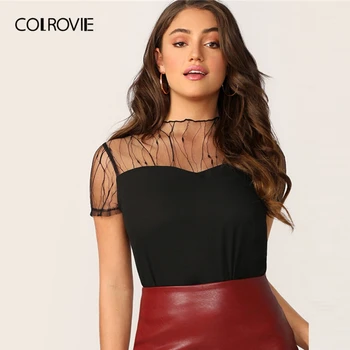COLROVIE Black Vine Mesh Yoke Trim Blouse Women 2019 Summer Sexy Short Sleeve Clothing Blouses Ladies Solid Stand Collar Tops
COLROVIE Black Vine Mesh Yoke Trim Blouse Women 2019 Summer Sexy Short Sleeve Clothing Blouses Ladies Solid Stand Collar Tops