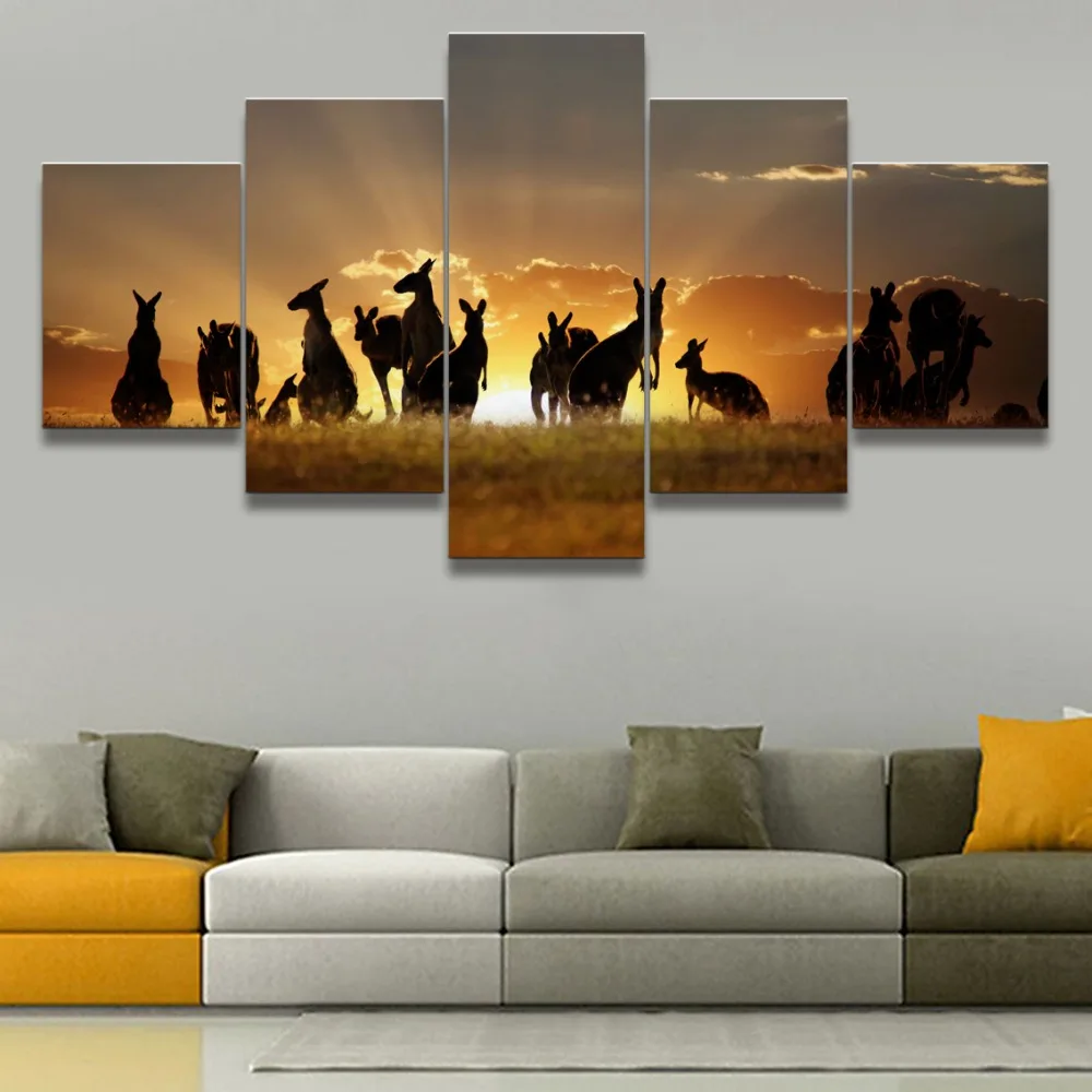 Фото Холст HD печати плакат стены Книги по искусству рамки 5 шт. животного кенгуру закат