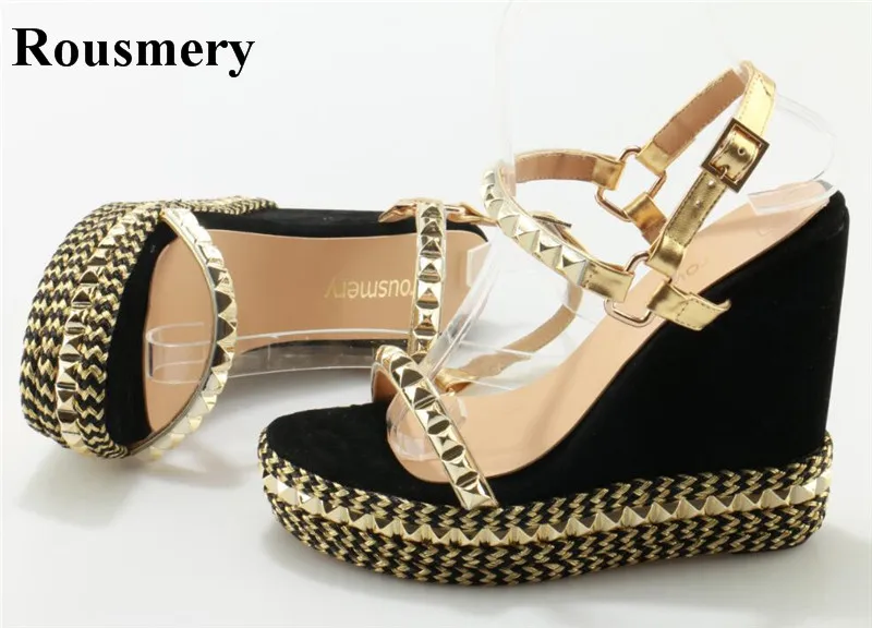 High Quality Women Fashion Gold Spike High Platform Wedge Sandals Cut-out Rivet Ankle Strap Wedge Sandals
High Quality Women Fashion Gold Spike High Platform Wedge Sandals Cut-out Rivet Ankle Strap Wedge Sandals