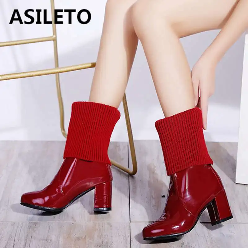 ASILETO large size 34-46 patent leather knitted women's ankle boots slip on winter shoes woman block heels booties casual bota
ASILETO large size 34-46 patent leather knitted women's ankle boots slip on winter shoes woman block heels booties casual bota