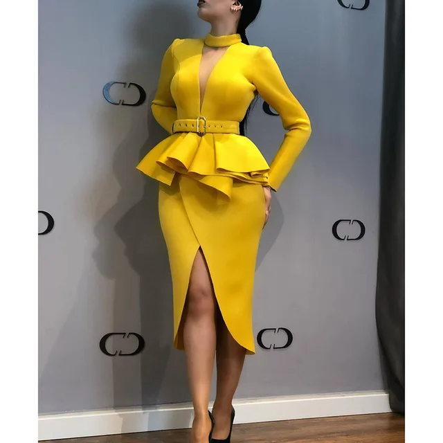 Women's casual belt dress ladies choker Deep V neck long sleeve slit ruffle yellow dresses Summer 2019
Women's casual belt dress ladies choker Deep V neck long sleeve slit ruffle yellow dresses Summer 2019