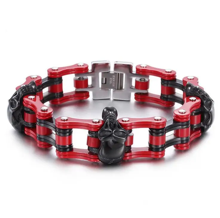 Фото Heavy Black Gold Motorcycle Biker Bracelet For Men Hiphop Punk Red Stainless Steel Bangles Bicycle Chain Skull Jewelry pulseira | Украшения