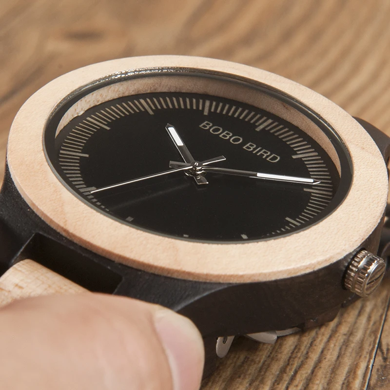 BOBO BIRD WO01O02 Wood Watch Ebony RedWood Pine Wooden Watches for Men Two-tone Wood Quartz Watch with Tool for Adjusting Size 18