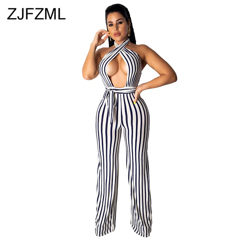 Black White Striped Rompers Womens Jumpsuit Front Cut Out Open Back Wide Leg Bodysuit Summer Halter Sleeveless Sashes Overalls
Black White Striped Rompers Womens Jumpsuit Front Cut Out Open Back Wide Leg Bodysuit Summer Halter Sleeveless Sashes Overalls