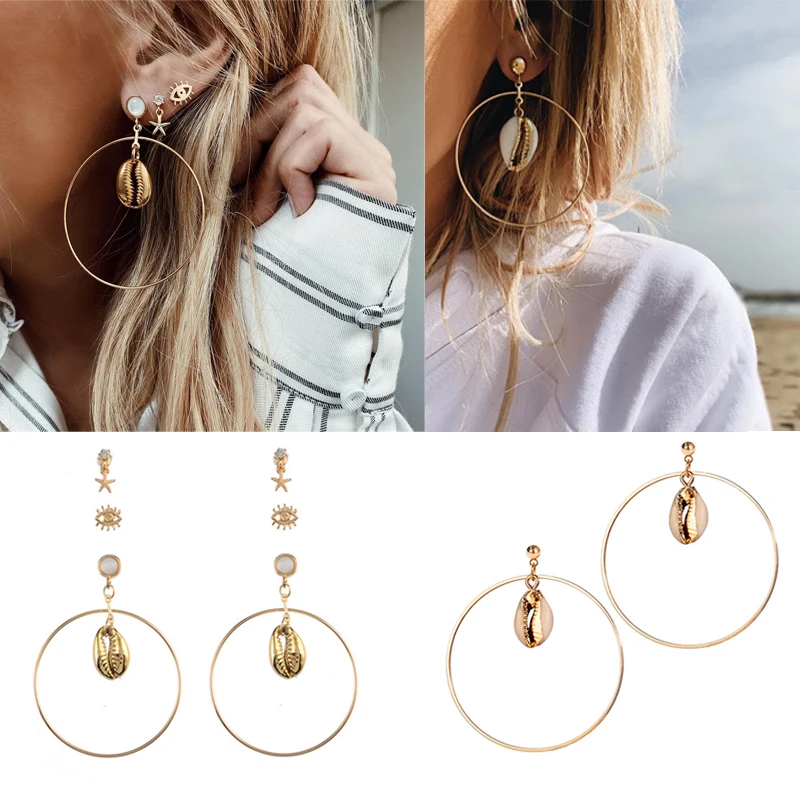 Boho Gold Color Turkish Eye Starfish Shell Earrings Set Exaggerated Big Circle Cowrie Seashell Drop Statement Earrings for Women
Boho Gold Color Turkish Eye Starfish Shell Earrings Set Exaggerated Big Circle Cowrie Seashell Drop Statement Earrings for Women