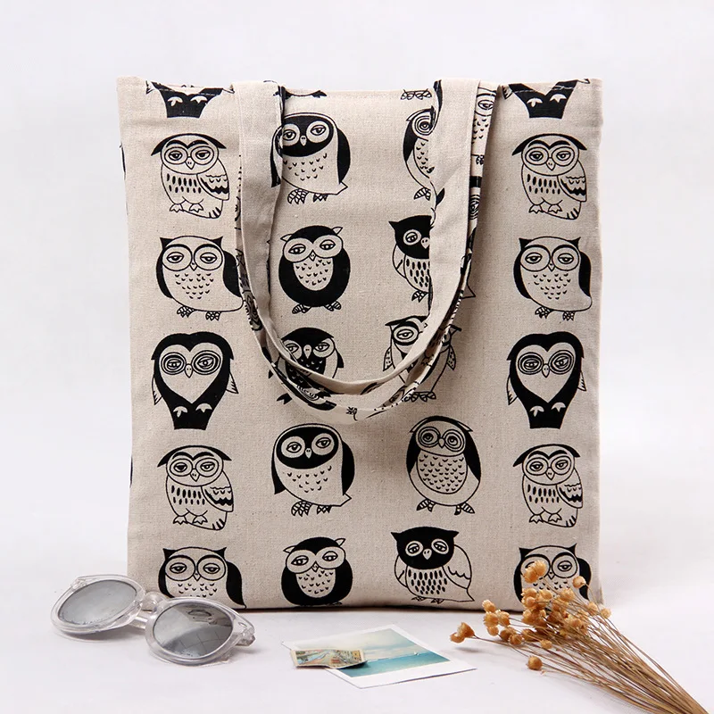

Black Owl Printed Canvas Handbag Beach Bags Female Casual Girl Tote Shopping Handbags Portable Bag Women Shoulder Bag KB-017
