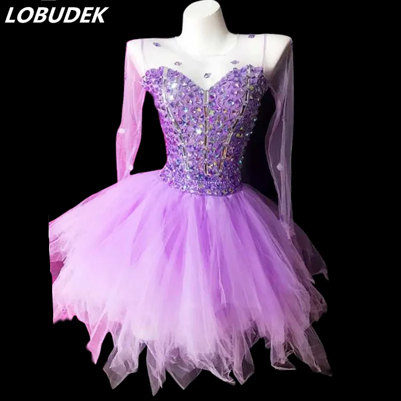 New Design Women Mesh Sleeve Purple Rhinestones Short Dress For Female Singer Dancer Performance Costume Fashion Bubble Dress
New Design Women Mesh Sleeve Purple Rhinestones Short Dress For Female Singer Dancer Performance Costume Fashion Bubble Dress