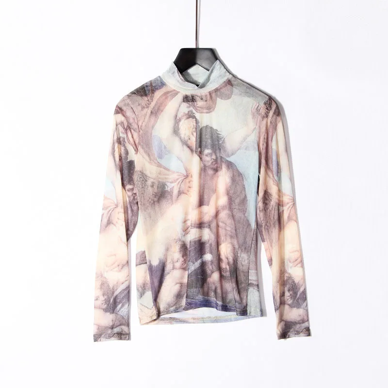 Women Tshirt Sexy Tee Tops Print T-shirt Semi Elastic Net Perspective Painting Long Sleeved Bottoming Women T shirts
Women Tshirt Sexy Tee Tops Print T-shirt Semi Elastic Net Perspective Painting Long Sleeved Bottoming Women T shirts