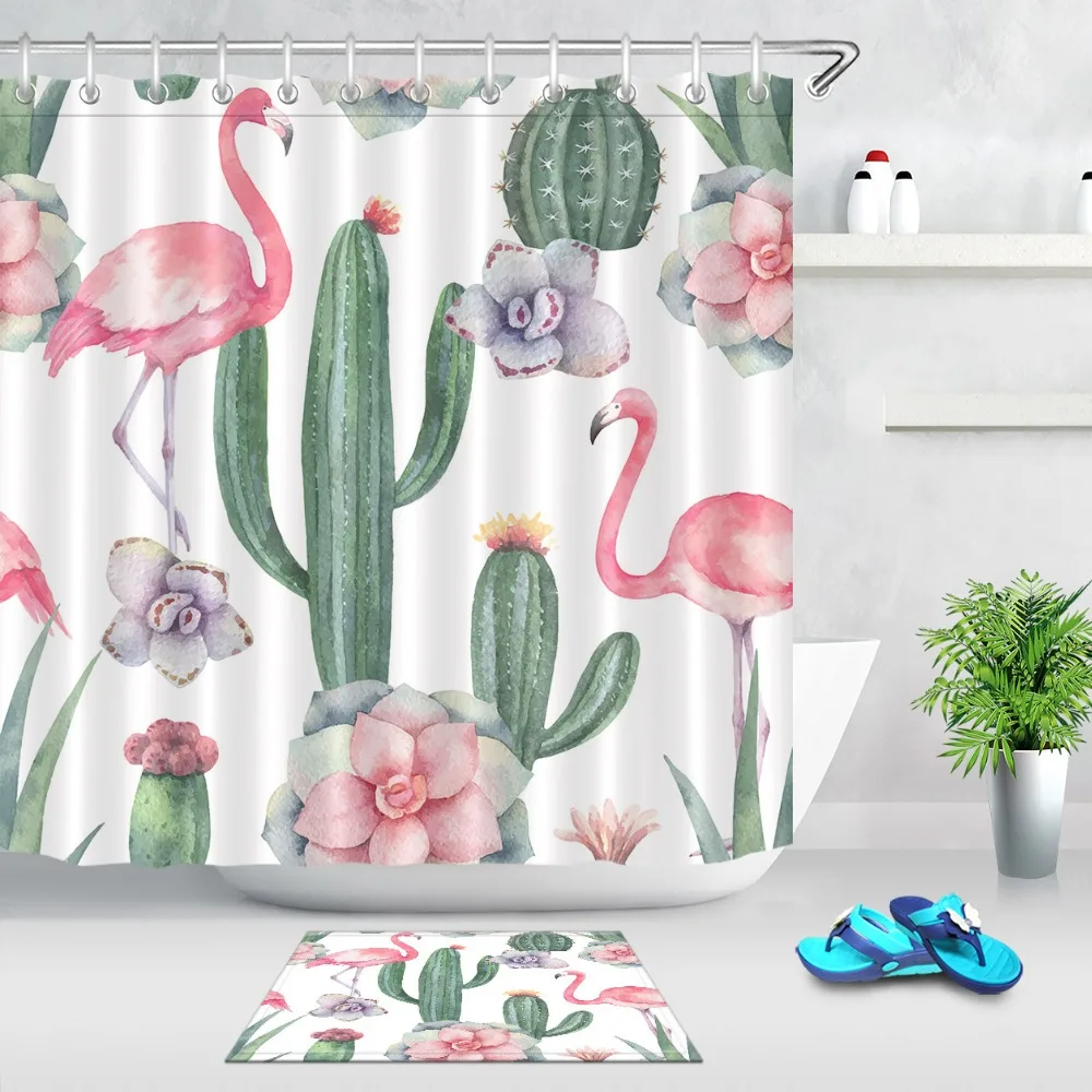 

72'' Custom Pink Flamingo Green Cactus White Shower Curtain Tropical Plants Bathroom Curtain Fabric Waterproof Polyester Decor