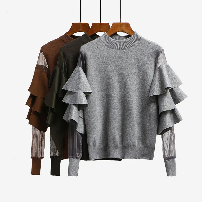 Women Knitted Loose Sweaters Pullovers Ruffled Mesh Patchwork Sleeve Ladies Woman Solid Sweater Tops
Women Knitted Loose Sweaters Pullovers Ruffled Mesh Patchwork Sleeve Ladies Woman Solid Sweater Tops