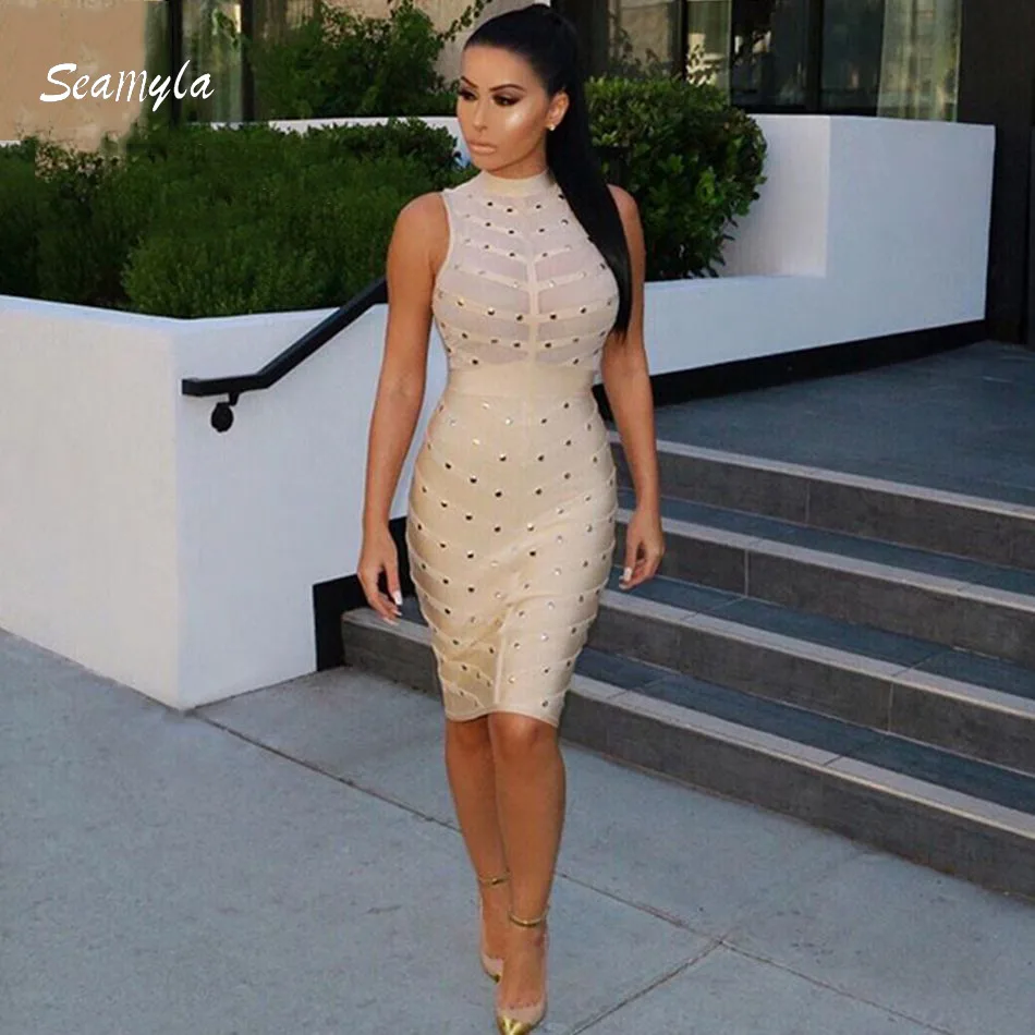 Image 2016 new sleeveless olive beige red black beading sexy mesh women dresses high neck bodycon celebrity party bandage dress