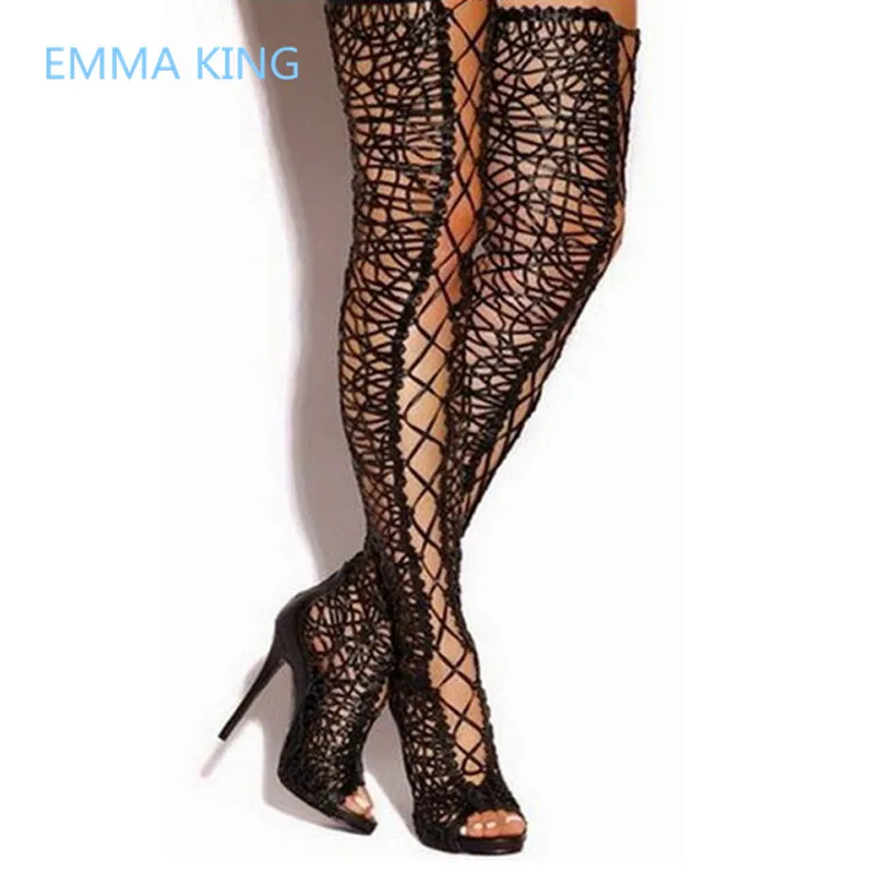 Фото Пикантные черные женские сапоги выше колена на шнуровке обувь высоком каблуке с