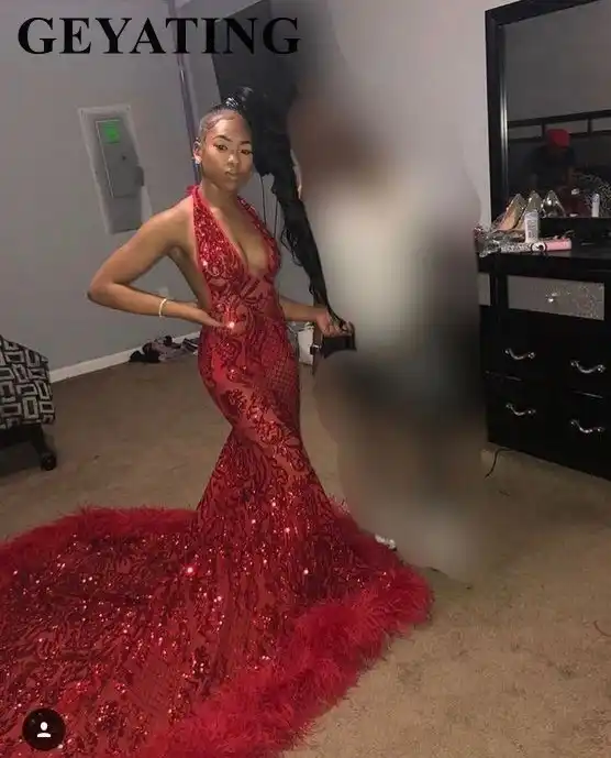 red mermaid prom dress with train