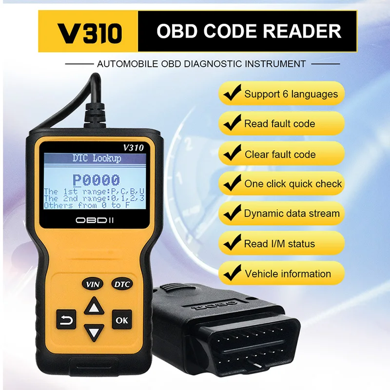 

Newly V310 OBDII EOBD Auto Code Reader 6 Languages Automobile Diagnostic Scanner For All OBD2 OBD II Protocols Cars LCD Display