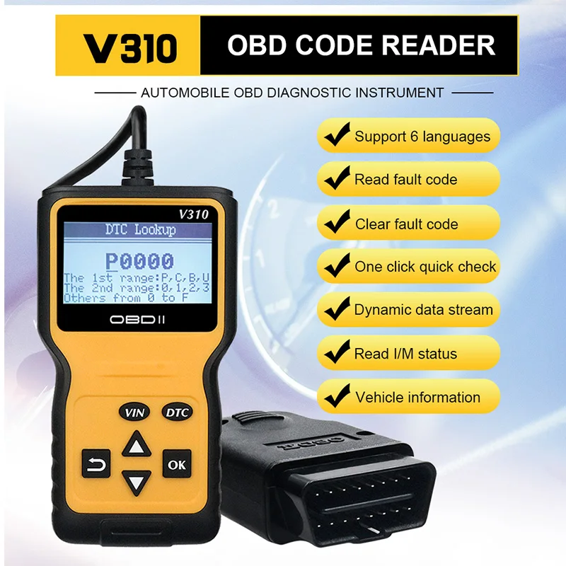 Newly V310 OBDII EOBD Auto Code Reader 6 Languages Automobile Diagnostic Scanner For All OBD2 OBD II Protocols Cars LCD Display
Newly V310 OBDII EOBD Auto Code Reader 6 Languages Automobile Diagnostic Scanner For All OBD2 OBD II Protocols Cars LCD Display