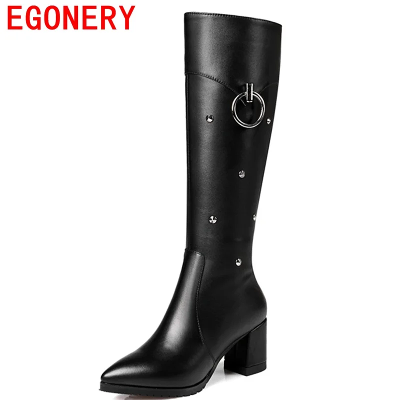 

EGONERY knee-high boots genuine leather equestrian riding side zipper pointed toe winter warm new style rivets ring winter boots