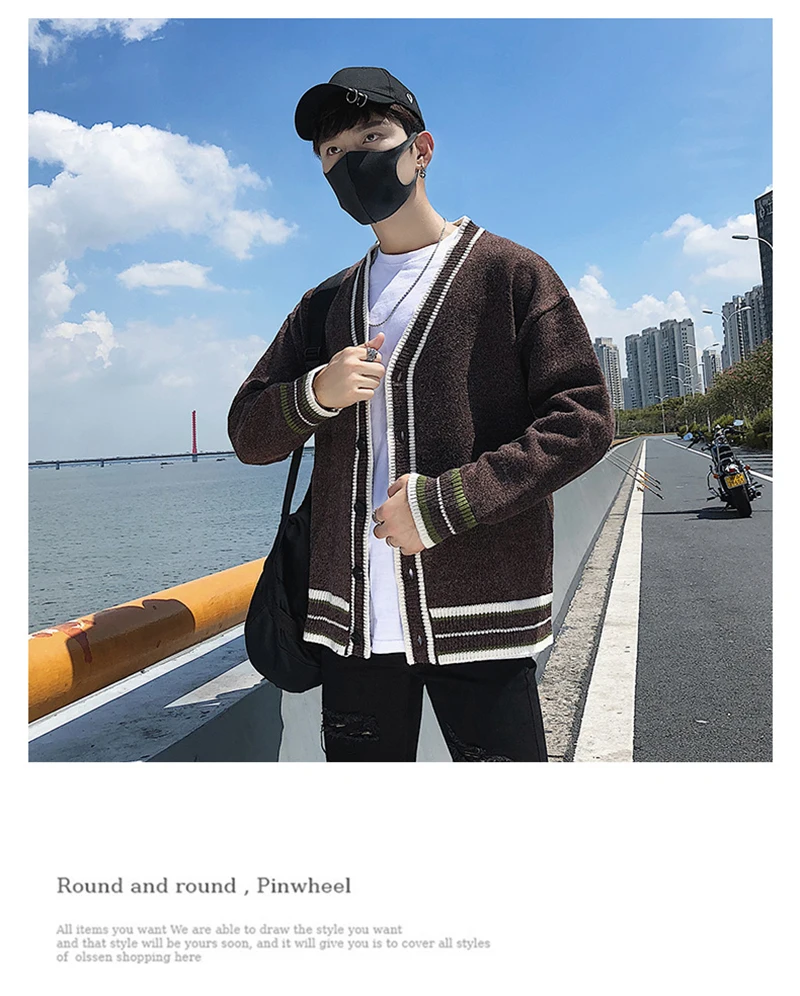 Check Button Cardigan Male Oversize Loose Streetwear (24)