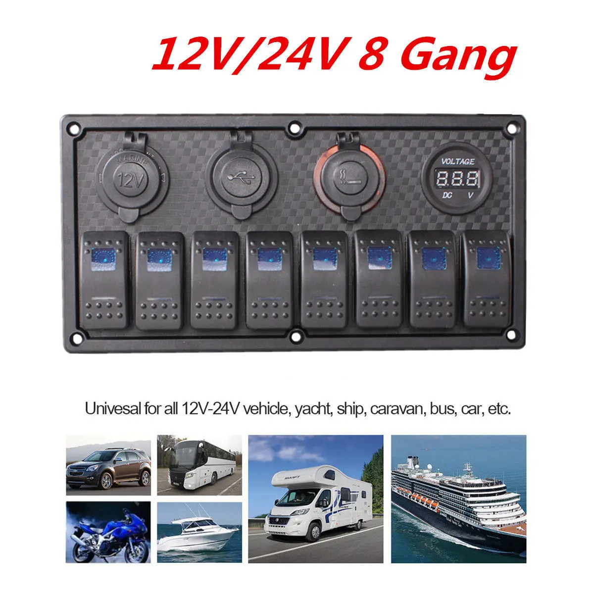 8 Gang Rocker Switch Panel Car Boat Voltmeter Cigarette Lighter Socket Dual USB Charging Ports Breakers for 12-24V car ship RV
8 Gang Rocker Switch Panel Car Boat Voltmeter Cigarette Lighter Socket Dual USB Charging Ports Breakers for 12-24V car ship RV