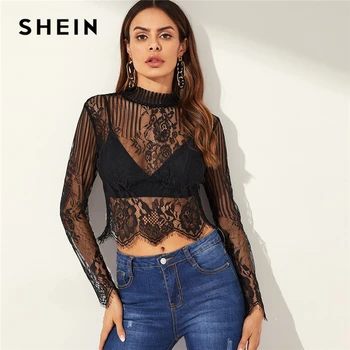 

SHEIN Highstreet Black Mock-neck Sheer Lace Button Slim Fit Stand Collar Top 2019 Spring Casual Women Modern Lady Tshirt Top
