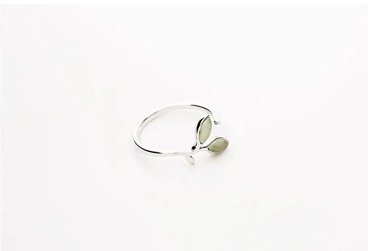 Resizeable Open Ring Green Opal Leaf 925 Sterling Silver