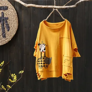 Cotton Ripped Hole Casual Tops For Women Loose Solid Tshirt Cartoon Embroidery Streetwear Summer Top
Cotton Ripped Hole Casual Tops For Women Loose Solid Tshirt Cartoon Embroidery Streetwear Summer Top