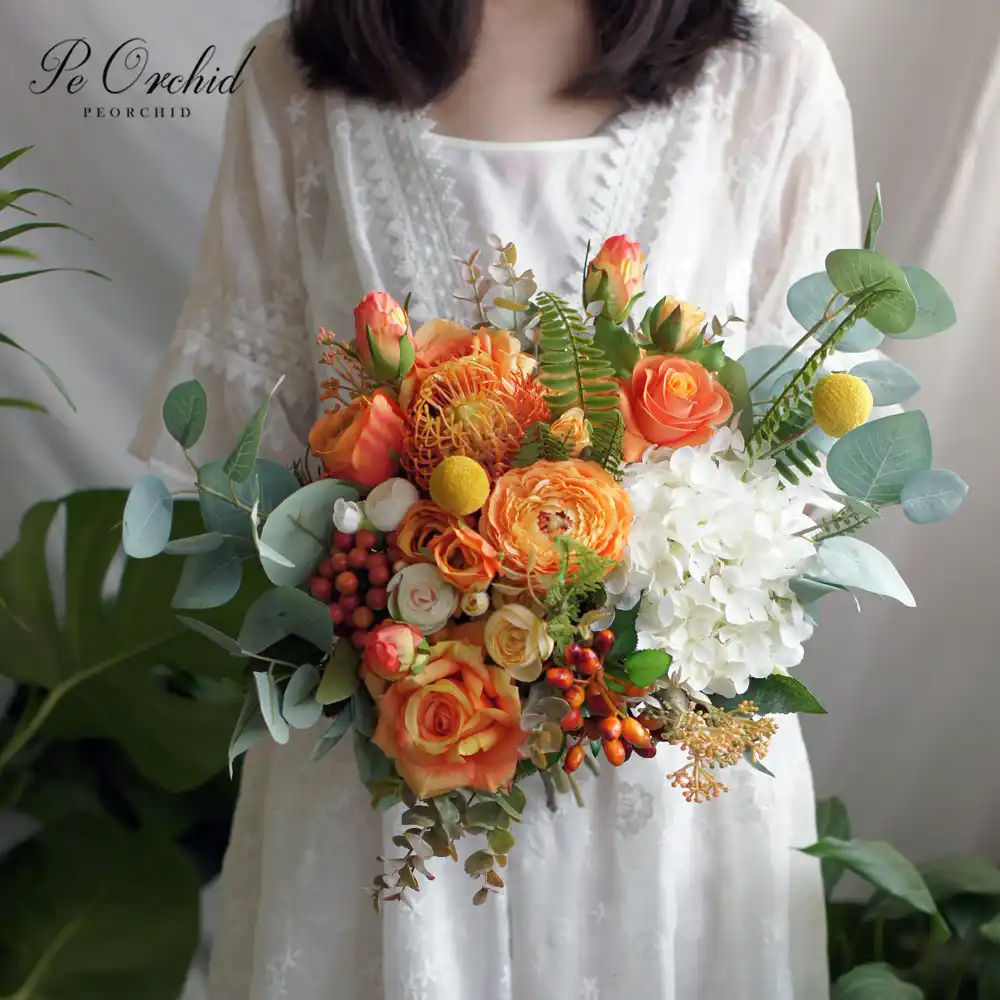 Peorchid Orange Silk Flower Wedding Bouquets Bridal Summer Fall