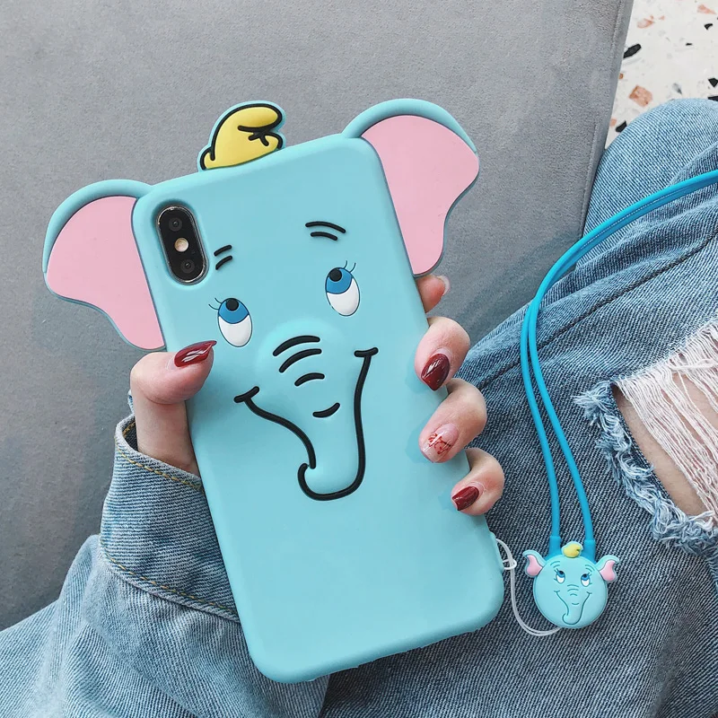 

3D Cute DUMBO case For iphone XS max XR X Soft cover For iphone 8plus 7plus 7 8 6s 6plus elephant cover fundas +strap