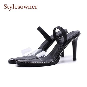 Stylesowner Black Leather 9cm Thin Heel Stiletto Slipper Shoe Transparent PVC Strap Slip on Rivets Sexy Outdoor Female Shoe
Stylesowner Black Leather 9cm Thin Heel Stiletto Slipper Shoe Transparent PVC Strap Slip on Rivets Sexy Outdoor Female Shoe