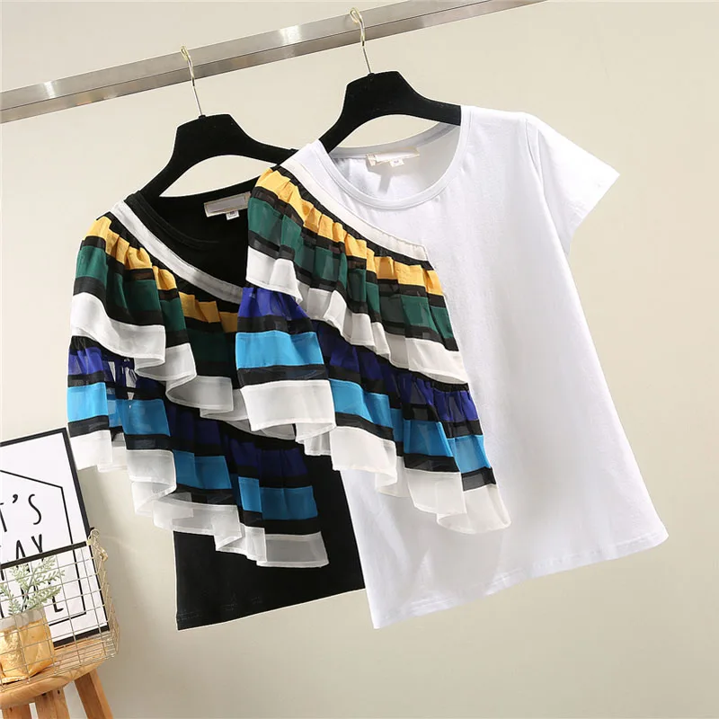 summer women's chic cotton short-sleeved t-shirt chiffon contrast color mosaic ruffled T-shirt white fashion bf wild tide Tees
summer women's chic cotton short-sleeved t-shirt chiffon contrast color mosaic ruffled T-shirt white fashion bf wild tide Tees