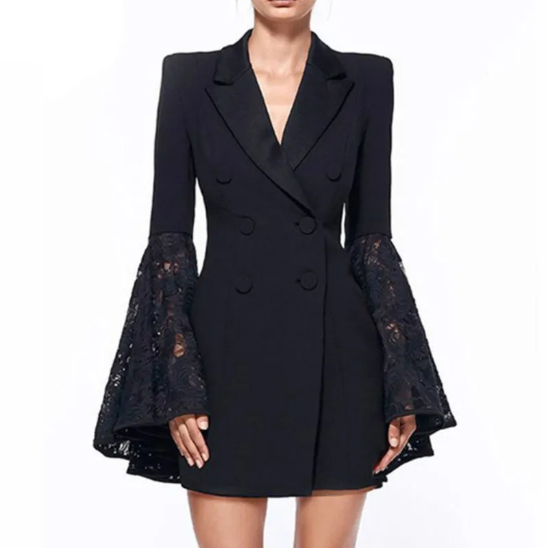Spring Autumn Lapel Collar Lady Slim Blazer Flower Lace Hook Tuxedo Suits Double-breasted Flare sleeves Stitching Long OL jacket
Spring Autumn Lapel Collar Lady Slim Blazer Flower Lace Hook Tuxedo Suits Double-breasted Flare sleeves Stitching Long OL jacket