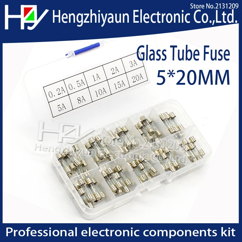 100 Pieces Fast-Blow Glass Tube Fuse Assorted Kit 250V 5 x 20mm 0.2A 0.5A 1A 2A 3A 5A 8A 10A 15A 20A Professional Quick Blow Glass Tube Fuses