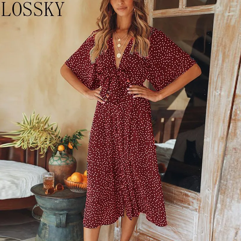 2019 Sexy Boho Polka Dot Print Midi Dress Casual N Neck Short Sleeve Bow Women Summer Beach Dresses Ladies Holiday Long Sundress
2019 Sexy Boho Polka Dot Print Midi Dress Casual N Neck Short Sleeve Bow Women Summer Beach Dresses Ladies Holiday Long Sundress