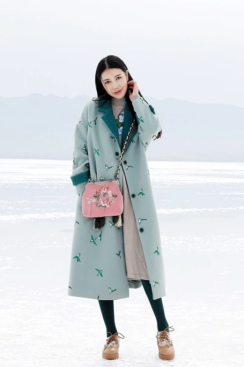 Женское длинное шерстяное пальто свободное винтажное с вышивкой птицы