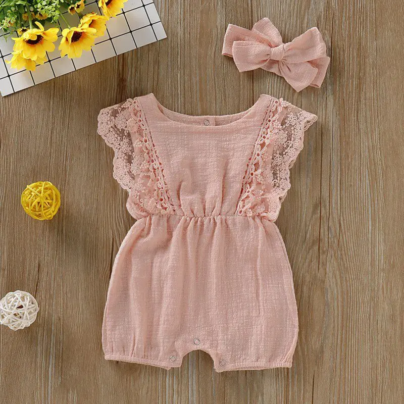 Summer Newborn Girls Rompers Set Flare Sleeve Solid Print Lace Design Romper Jumpsuit With Headband One-Pieces
Summer Newborn Girls Rompers Set Flare Sleeve Solid Print Lace Design Romper Jumpsuit With Headband One-Pieces