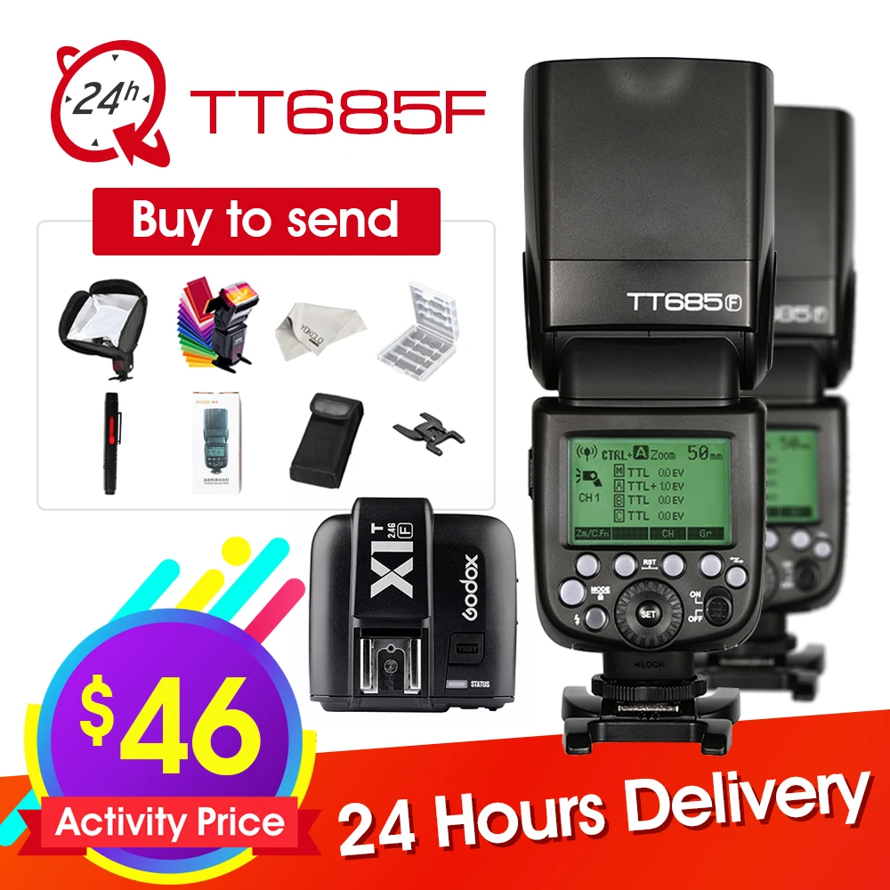Godox TT685 F TT685F 2.4G HSS TTL GN60 Flash Speedlite+ X1T-F Trigger Transmitter Kit for Fuji X-Pro2/X-T20/X-T1/X-T2
Godox TT685 F TT685F 2.4G HSS TTL GN60 Flash Speedlite+ X1T-F Trigger Transmitter Kit for Fuji X-Pro2/X-T20/X-T1/X-T2
