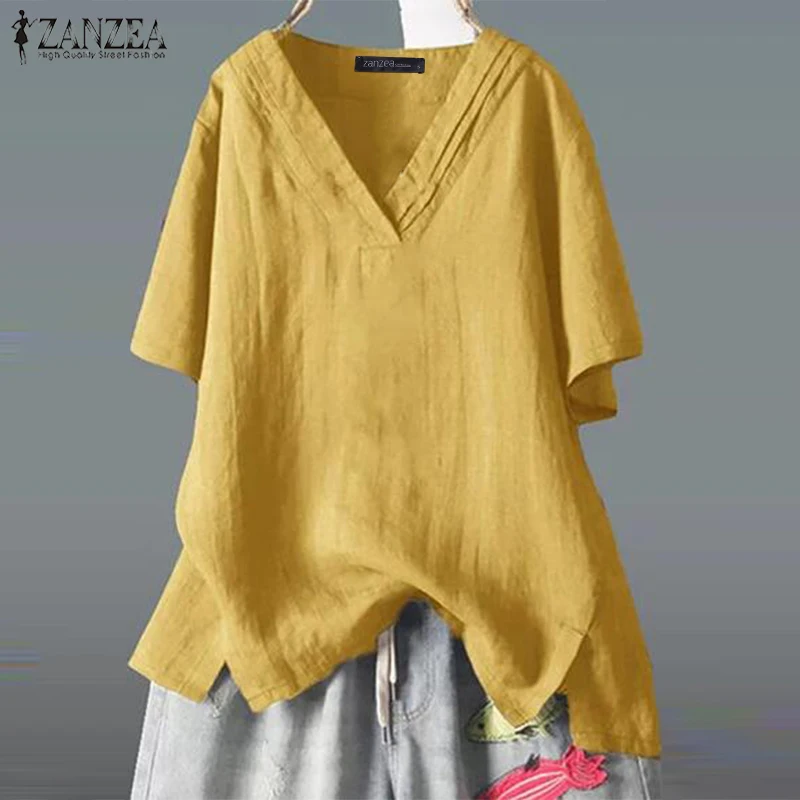 ZANZEA Summer Cotton Linen Blouse Women Vintage V Neck Short Sleeve Shirt Robe Solid Tunic Tops Femme Casual Blusas Femininas
ZANZEA Summer Cotton Linen Blouse Women Vintage V Neck Short Sleeve Shirt Robe Solid Tunic Tops Femme Casual Blusas Femininas