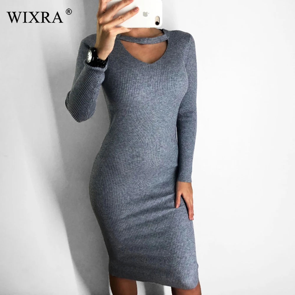Wixra 2018 Autumn Winter Halter Long sleeve V-Neck Knitted Sweater Dresses Casual Women's Bodycon Dress For Women
Wixra 2018 Autumn Winter Halter Long sleeve V-Neck Knitted Sweater Dresses Casual Women's Bodycon Dress For Women