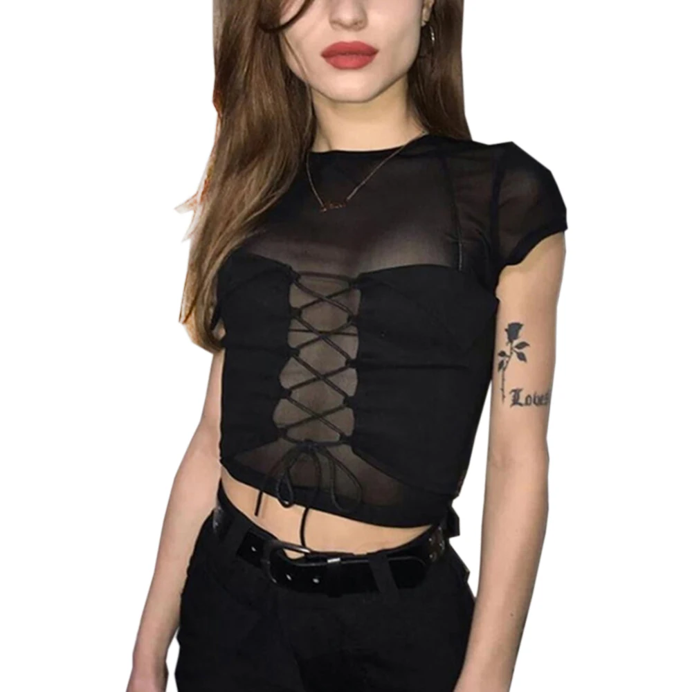 Summer Women Lace Up Camisole Summer Patchwork Gauze T-Shirt Two-piece Shirts black Casual vacation streetwear T-Shirt 
Summer Women Lace Up Camisole Summer Patchwork Gauze T-Shirt Two-piece Shirts black Casual vacation streetwear T-Shirt