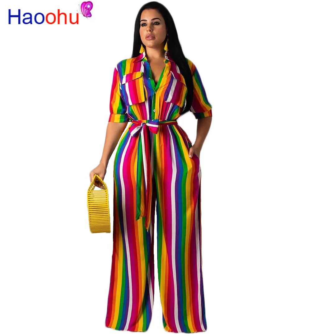 Rainbow Striped Sexy One Piece Overall Women Turn Down Collar Short Sleeve Wide Leg Jumpsuit Casual Buttons Up Sash Beach Romper
Rainbow Striped Sexy One Piece Overall Women Turn Down Collar Short Sleeve Wide Leg Jumpsuit Casual Buttons Up Sash Beach Romper