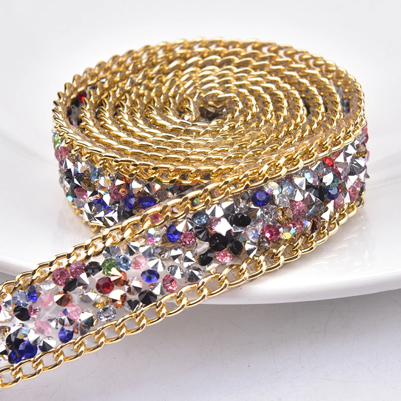 High Quality 1 Yard Resin Rhinestone Trim Mix Color Stone With Gold Chain Hotfix Banding 1.7cm Width Iron On Garment/Shoes/Bags
High Quality 1 Yard Resin Rhinestone Trim Mix Color Stone With Gold Chain Hotfix Banding 1.7cm Width Iron On Garment/Shoes/Bags