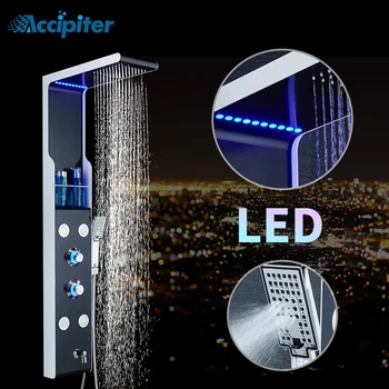 Stainless Steel Wall Mounted Shower Panel 4 Function Waterfall Rainfall Massage Jets shower set with Handle Shower with LED
Stainless Steel Wall Mounted Shower Panel 4 Function Waterfall Rainfall Massage Jets shower set with Handle Shower with LED